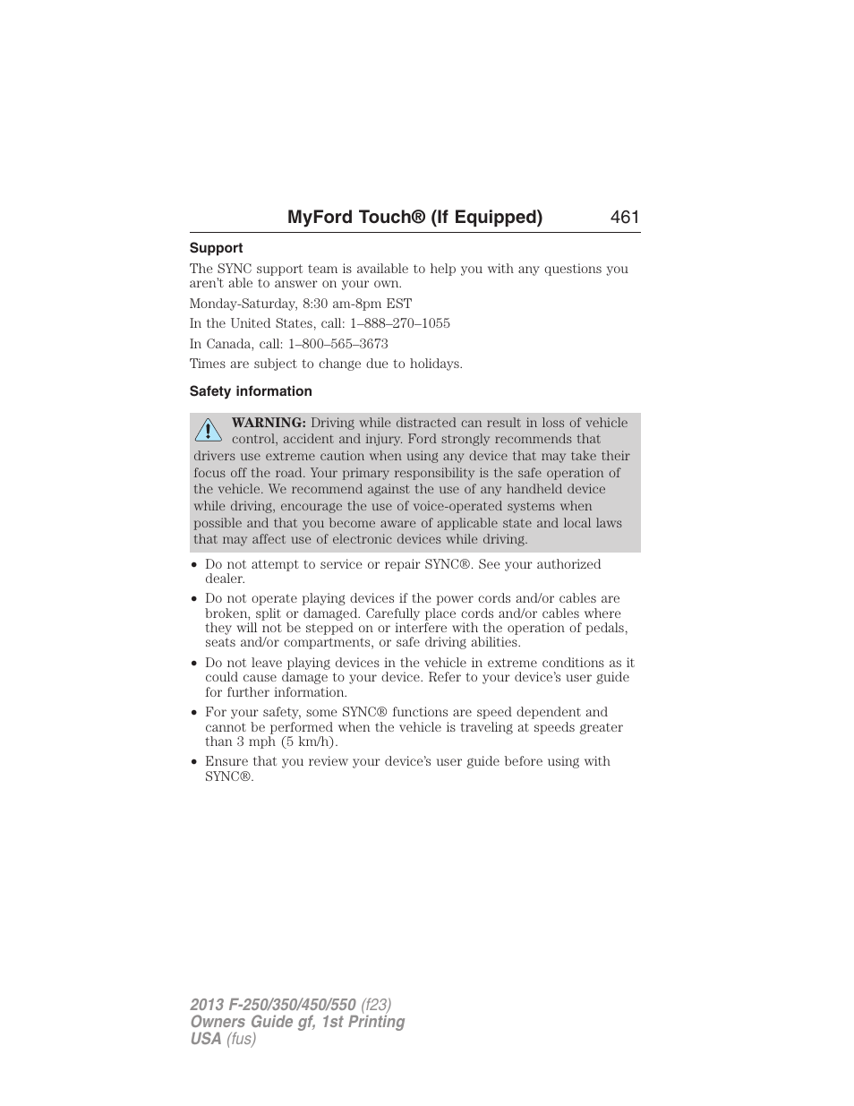 Support, Safety information, Myford touch® (if equipped) 461 | FORD 2013 F-550 v.1 User Manual | Page 462 / 563