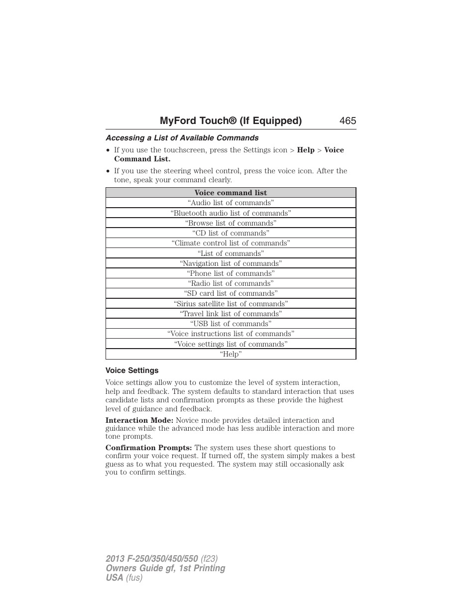 Accessing a list of available commands, Voice settings, Myford touch® (if equipped) 465 | FORD 2013 F-550 v.1 User Manual | Page 466 / 563