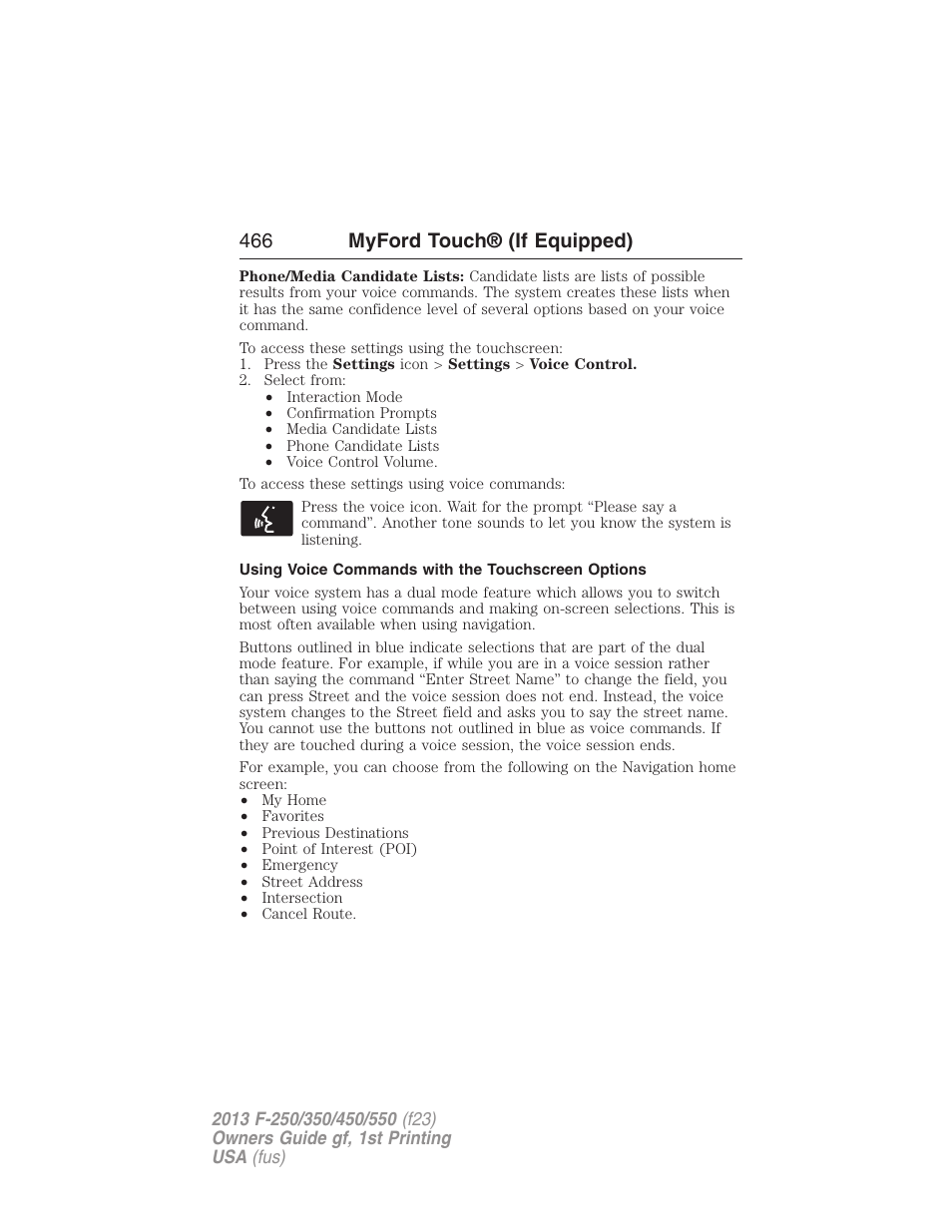 Using voice commands with the touchscreen options, 466 myford touch® (if equipped) | FORD 2013 F-550 v.1 User Manual | Page 467 / 563