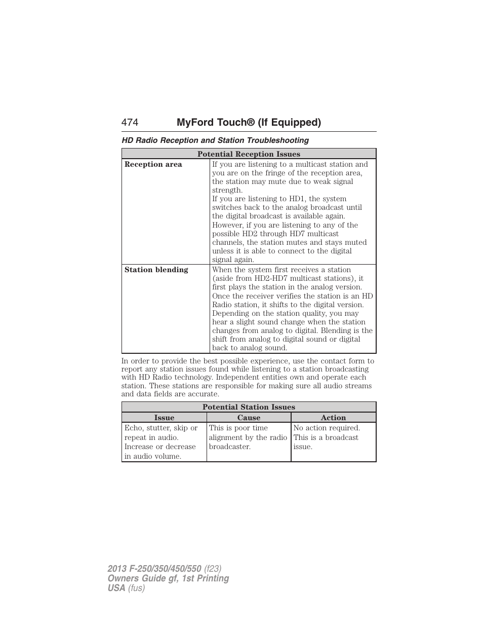 Hd radio reception and station troubleshooting, 474 myford touch® (if equipped) | FORD 2013 F-550 v.1 User Manual | Page 475 / 563