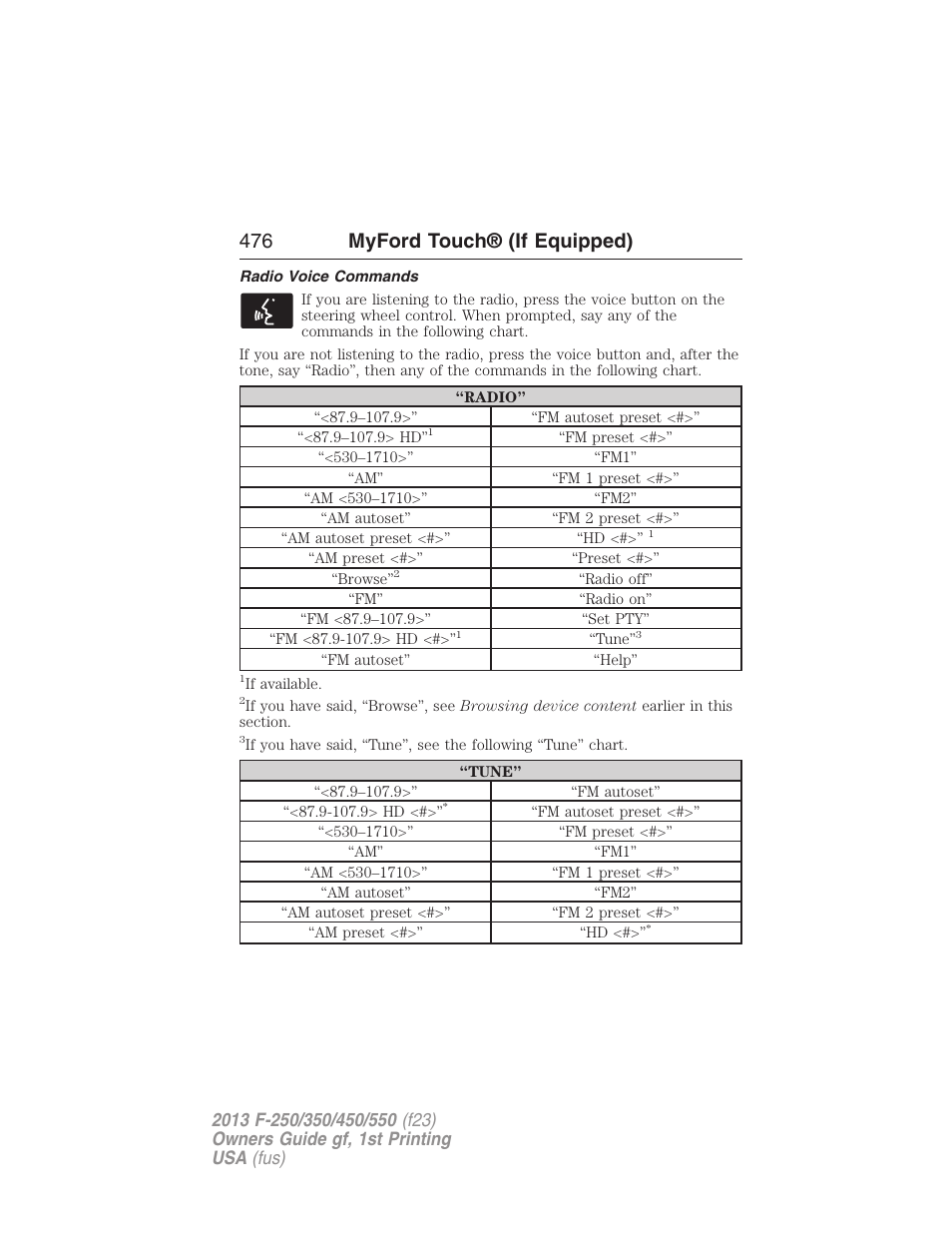 Radio voice commands, 476 myford touch® (if equipped) | FORD 2013 F-550 v.1 User Manual | Page 477 / 563