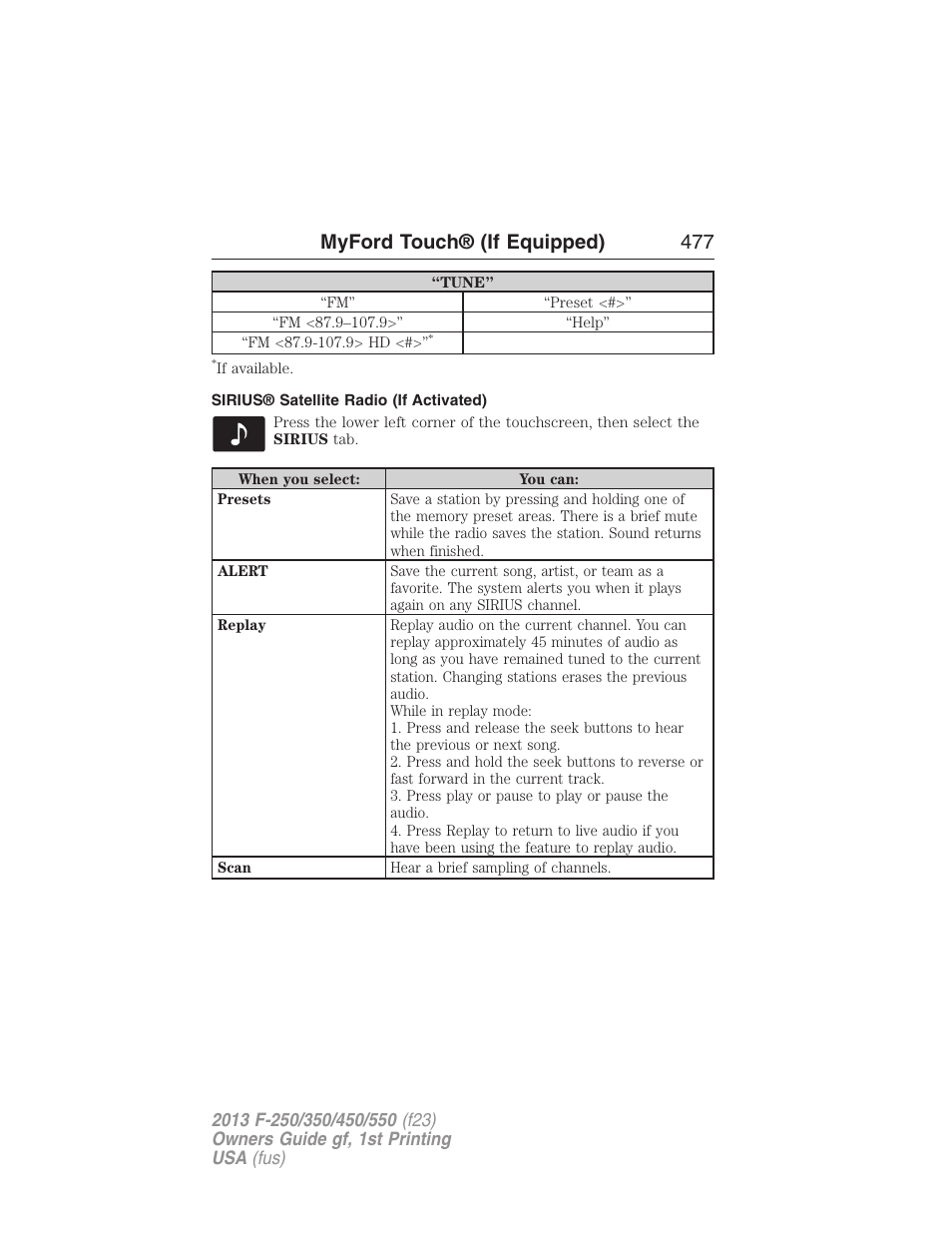 Sirius® satellite radio (if activated), Myford touch® (if equipped) 477 | FORD 2013 F-550 v.1 User Manual | Page 478 / 563
