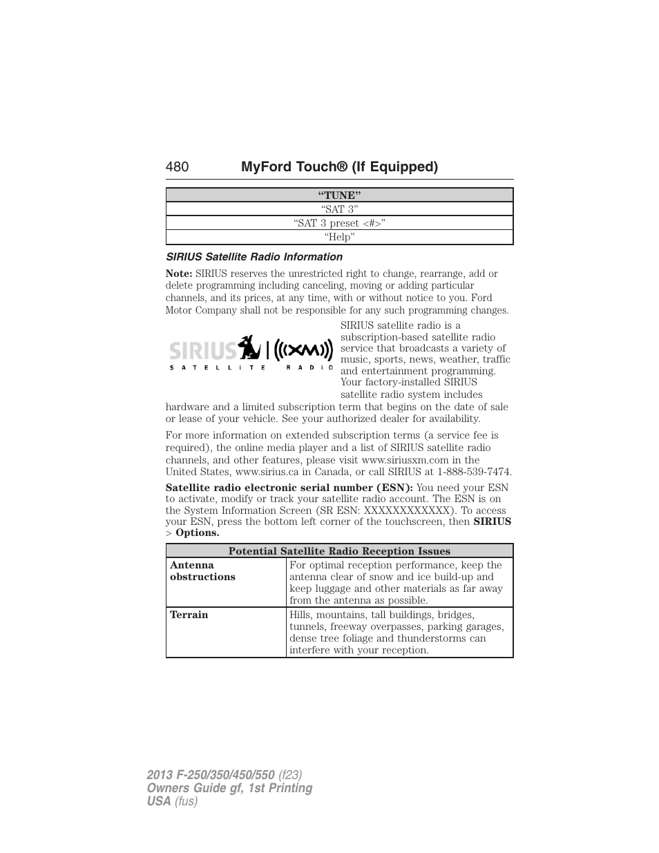 Sirius satellite radio information, 480 myford touch® (if equipped) | FORD 2013 F-550 v.1 User Manual | Page 481 / 563