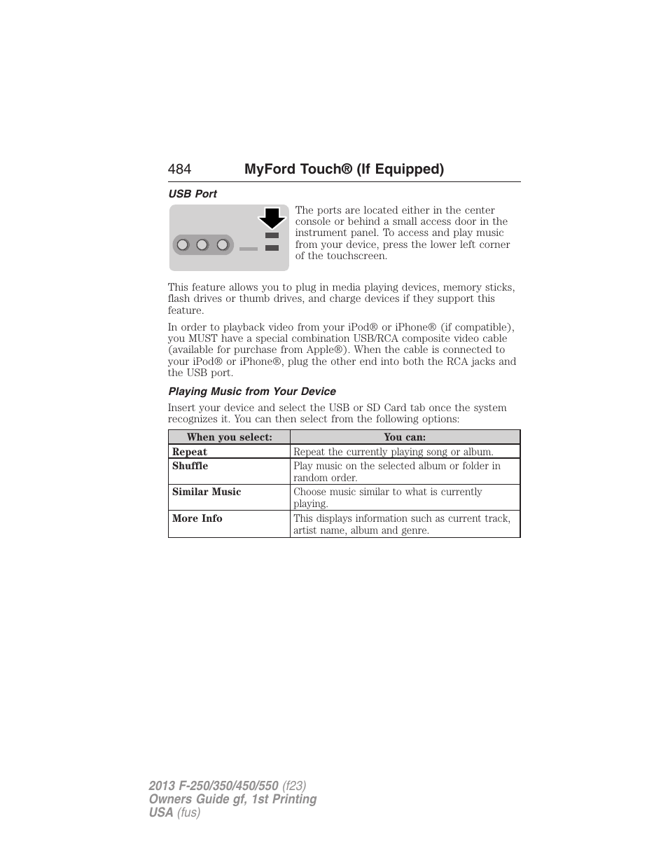 Usb port, Playing music from your device, 484 myford touch® (if equipped) | FORD 2013 F-550 v.1 User Manual | Page 485 / 563
