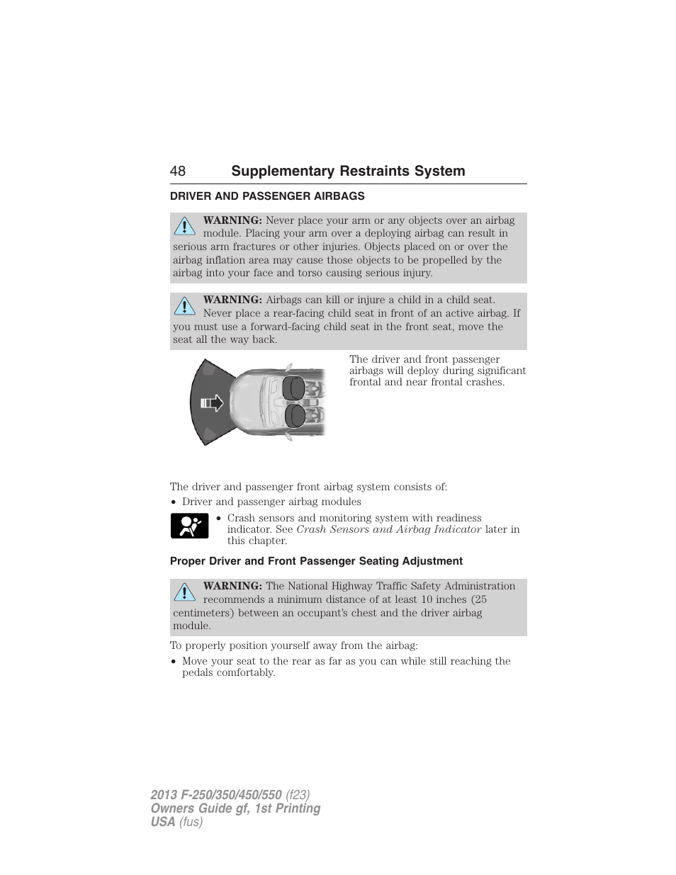 Driver and passenger airbags, 48 supplementary restraints system | FORD 2013 F-550 v.1 User Manual | Page 49 / 563