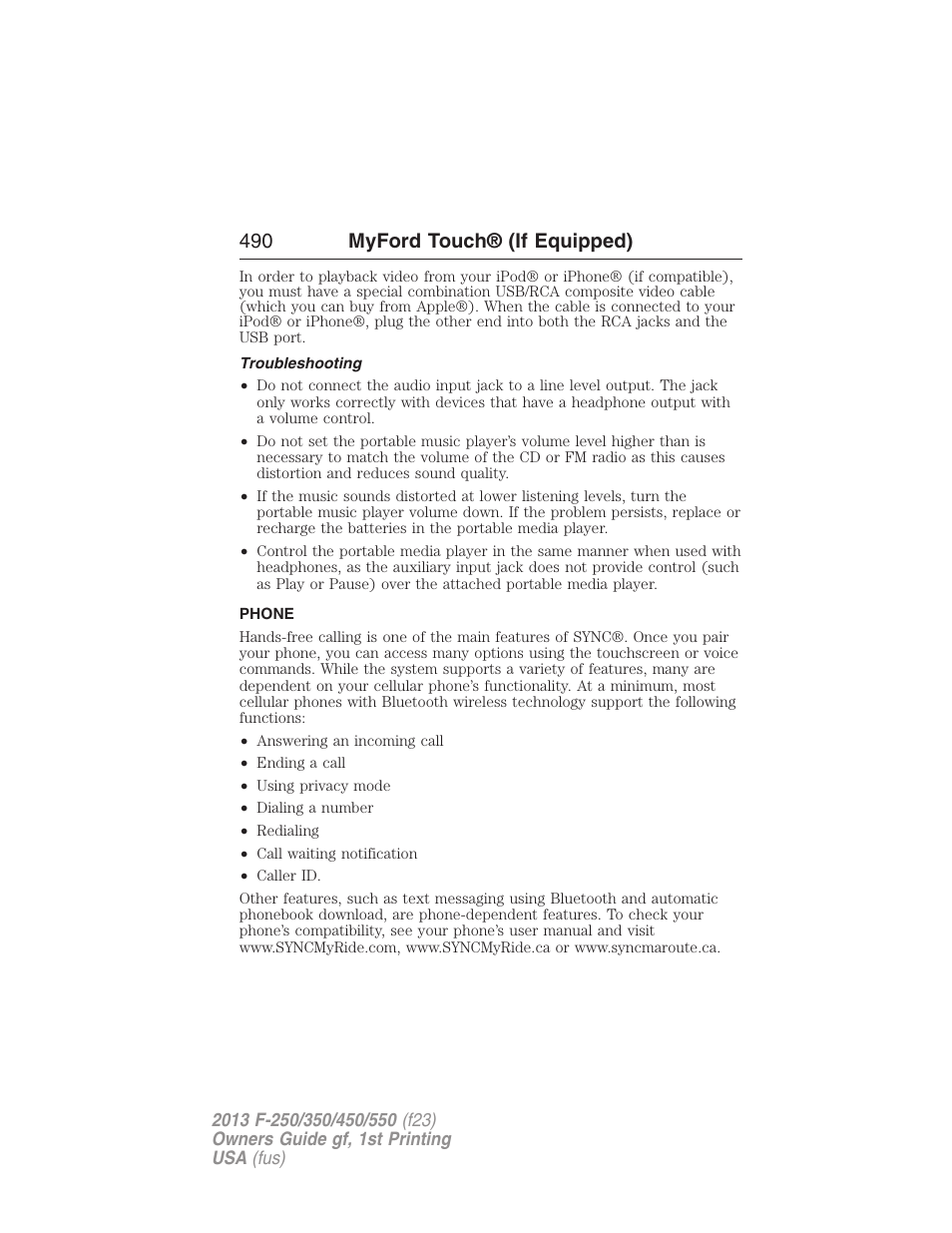 Troubleshooting, Phone, Phone features | 490 myford touch® (if equipped) | FORD 2013 F-550 v.1 User Manual | Page 491 / 563