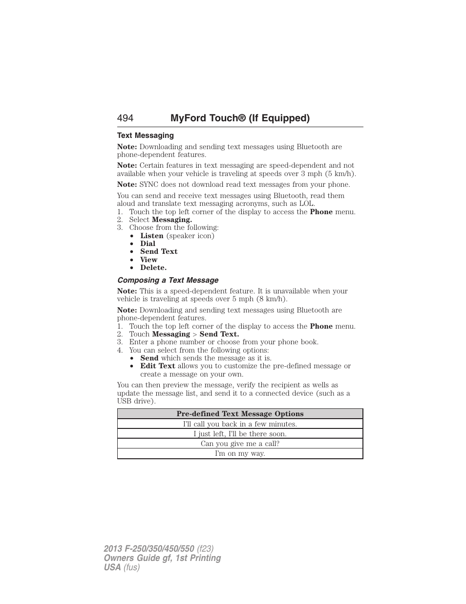 Text messaging, Composing a text message, 494 myford touch® (if equipped) | FORD 2013 F-550 v.1 User Manual | Page 495 / 563