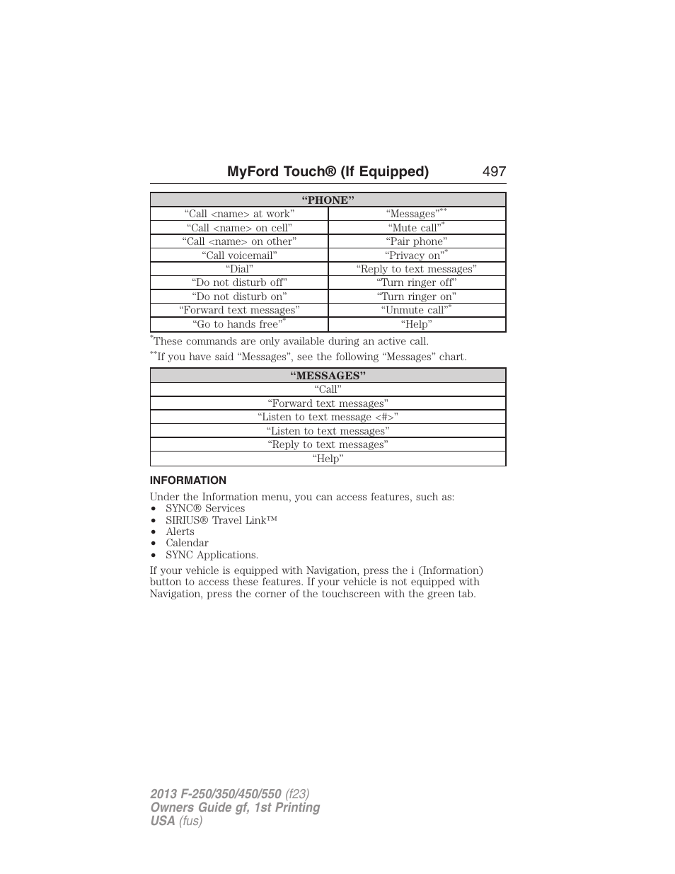 Information, Information menu, Myford touch® (if equipped) 497 | FORD 2013 F-550 v.1 User Manual | Page 498 / 563