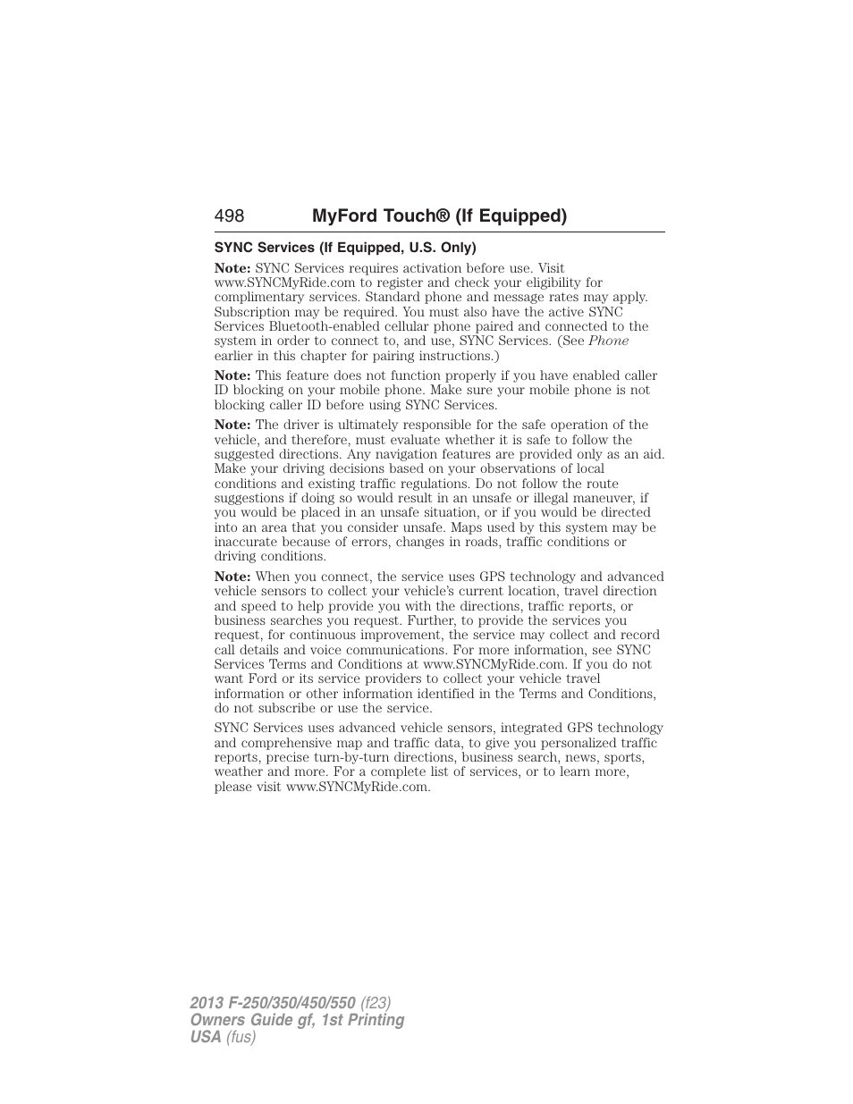 Sync services (if equipped, u.s. only), 498 myford touch® (if equipped) | FORD 2013 F-550 v.1 User Manual | Page 499 / 563