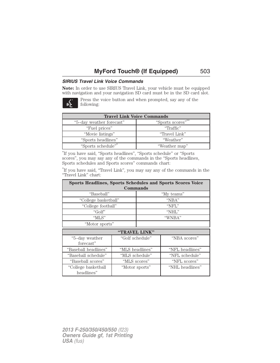 Sirius travel link voice commands, Myford touch® (if equipped) 503 | FORD 2013 F-550 v.1 User Manual | Page 504 / 563