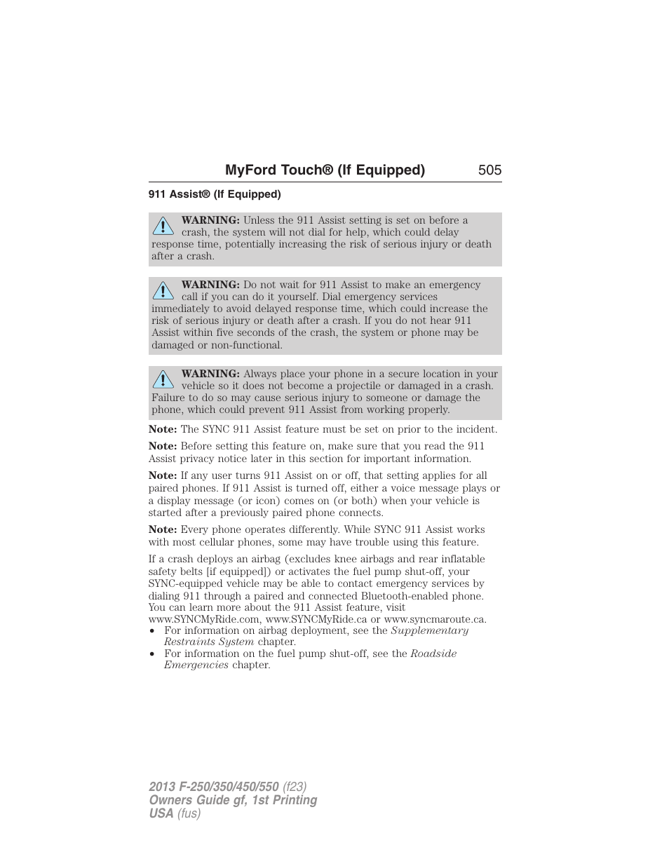 911 assist® (if equipped), Myford touch® (if equipped) 505 | FORD 2013 F-550 v.1 User Manual | Page 506 / 563