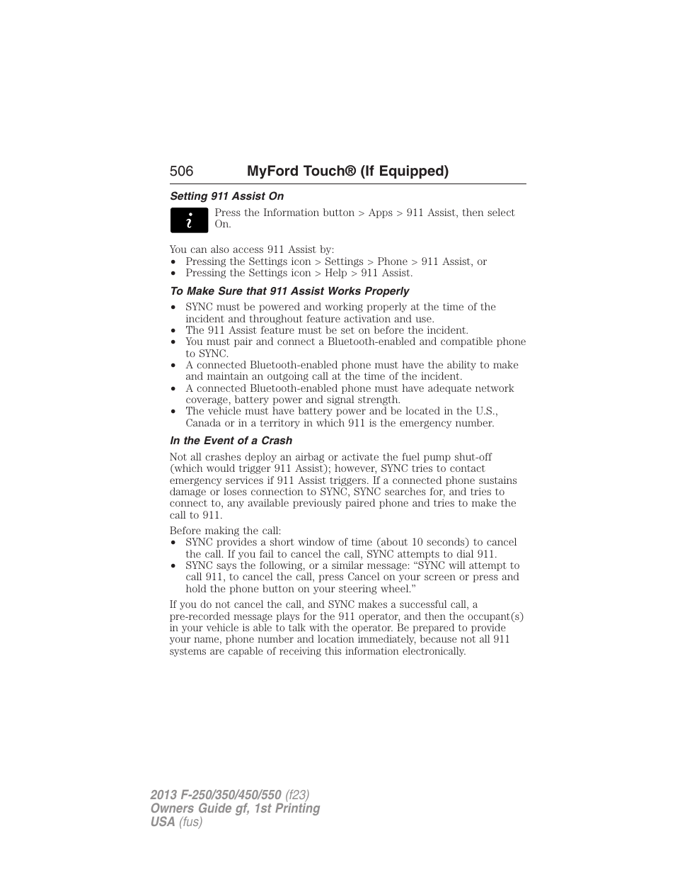 Setting 911 assist on, To make sure that 911 assist works properly, In the event of a crash | 506 myford touch® (if equipped) | FORD 2013 F-550 v.1 User Manual | Page 507 / 563