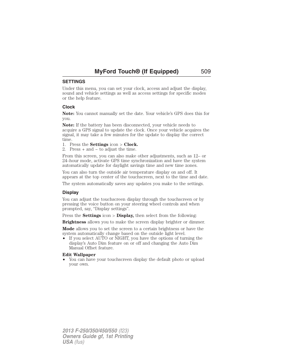 Settings, Clock, Display | Myford touch® (if equipped) 509 | FORD 2013 F-550 v.1 User Manual | Page 510 / 563