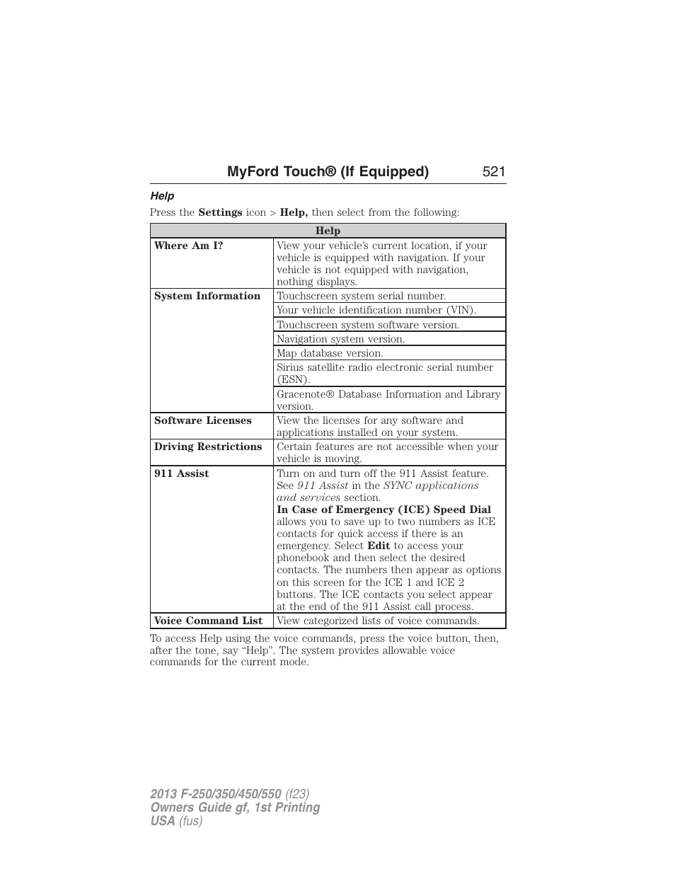 Help, Myford touch® (if equipped) 521 | FORD 2013 F-550 v.1 User Manual | Page 522 / 563