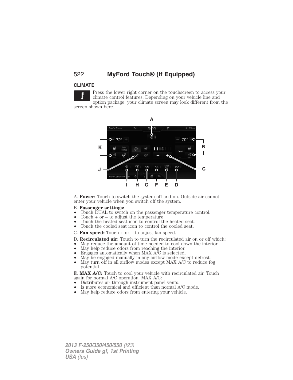 Climate, Climate features, 522 myford touch® (if equipped) | FORD 2013 F-550 v.1 User Manual | Page 523 / 563