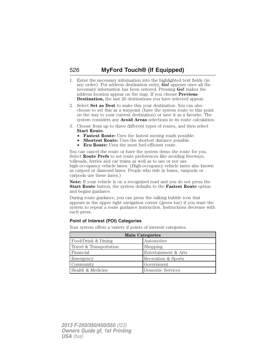 Point of interest (poi) categories, 526 myford touch® (if equipped) | FORD 2013 F-550 v.1 User Manual | Page 527 / 563