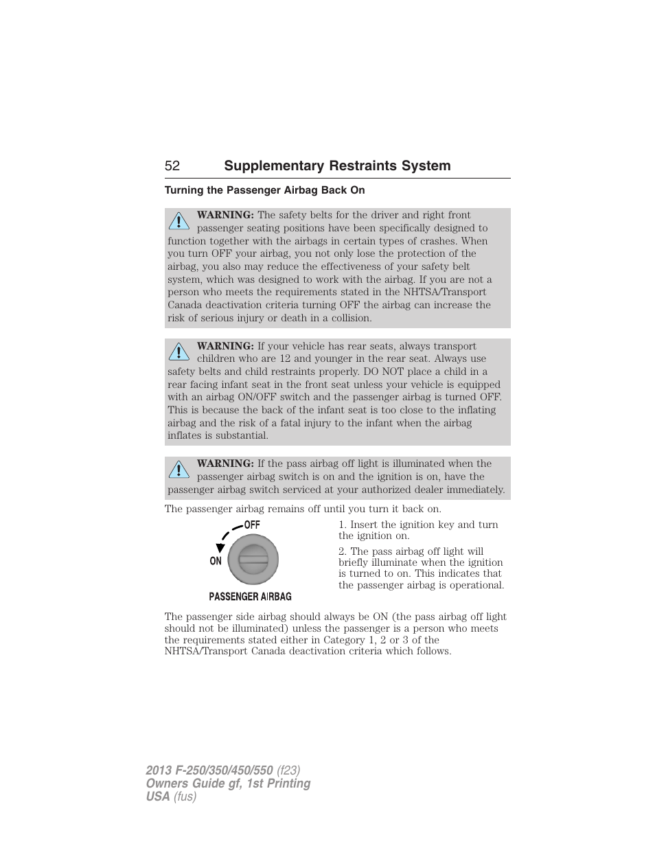Turning the passenger airbag back on, 52 supplementary restraints system | FORD 2013 F-550 v.1 User Manual | Page 53 / 563