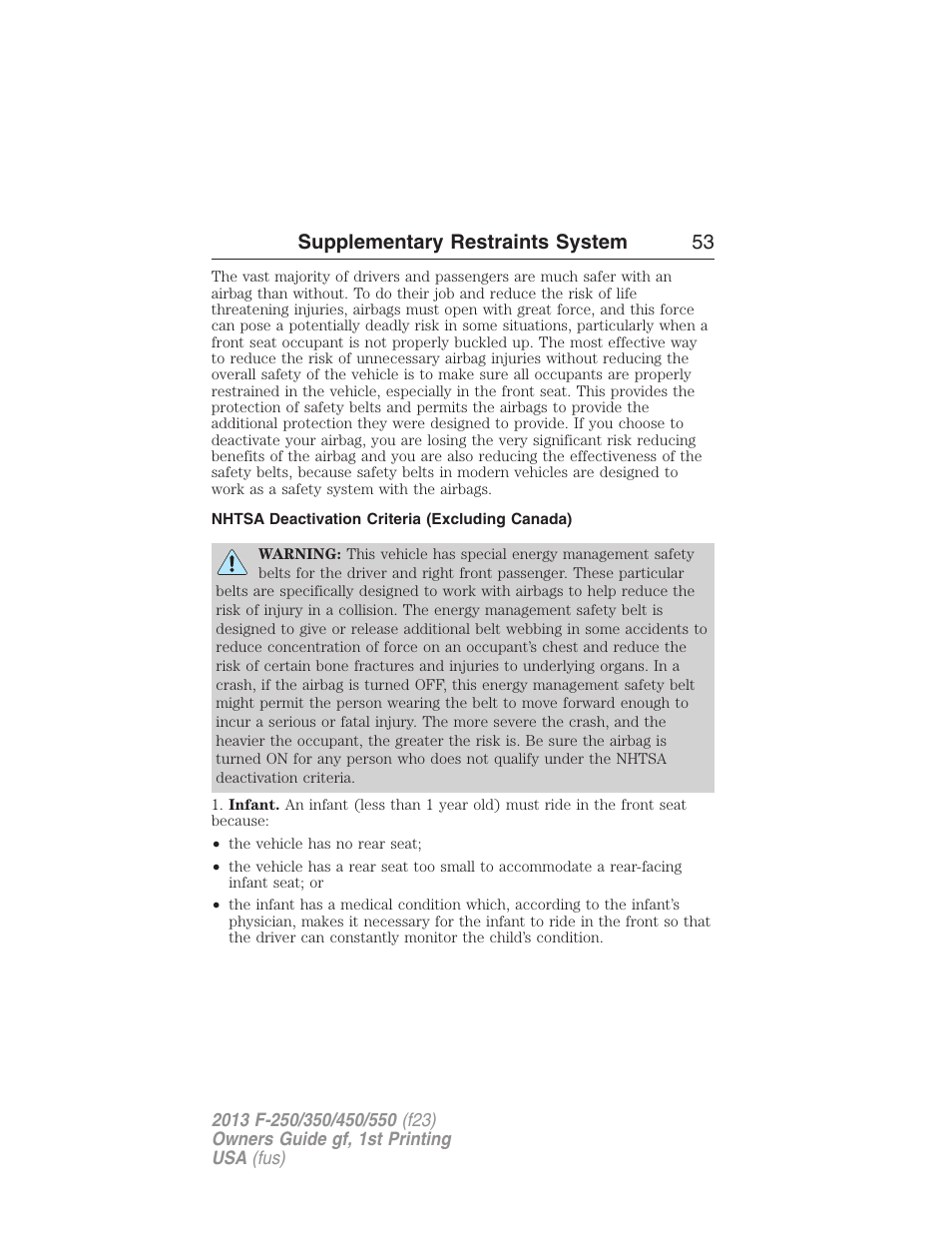 Nhtsa deactivation criteria (excluding canada), Supplementary restraints system 53 | FORD 2013 F-550 v.1 User Manual | Page 54 / 563
