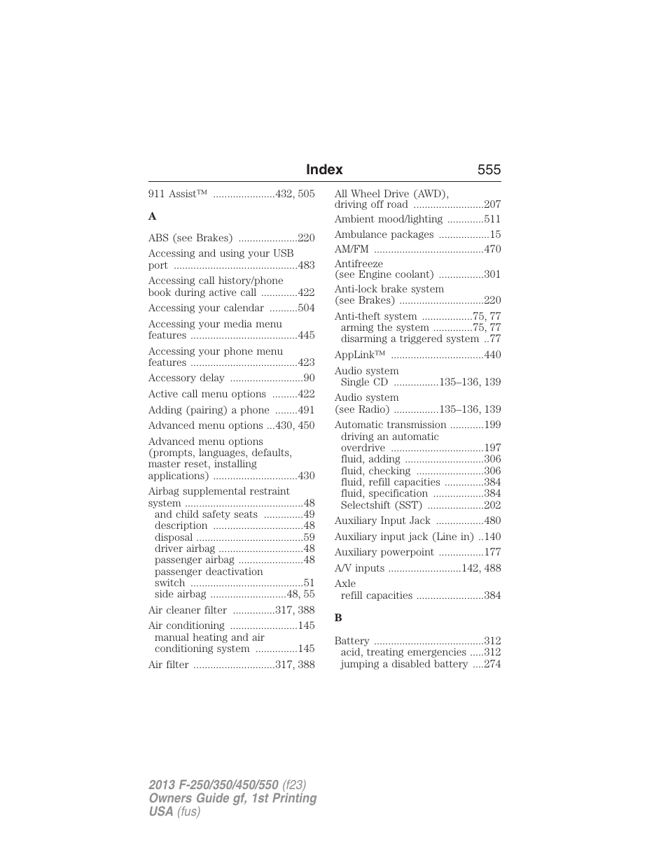 Index, Index 555 | FORD 2013 F-550 v.1 User Manual | Page 556 / 563