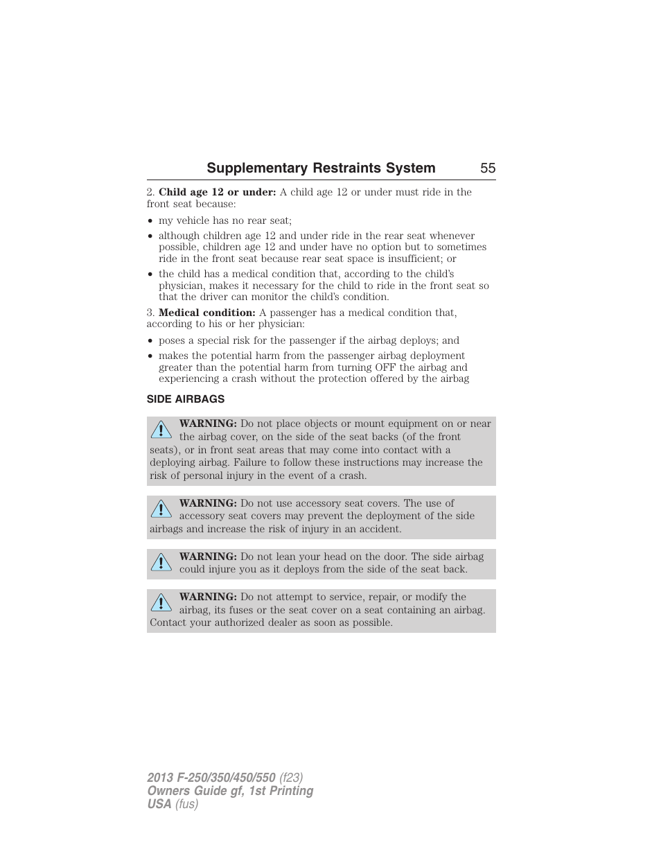Side airbags, Supplementary restraints system 55 | FORD 2013 F-550 v.1 User Manual | Page 56 / 563