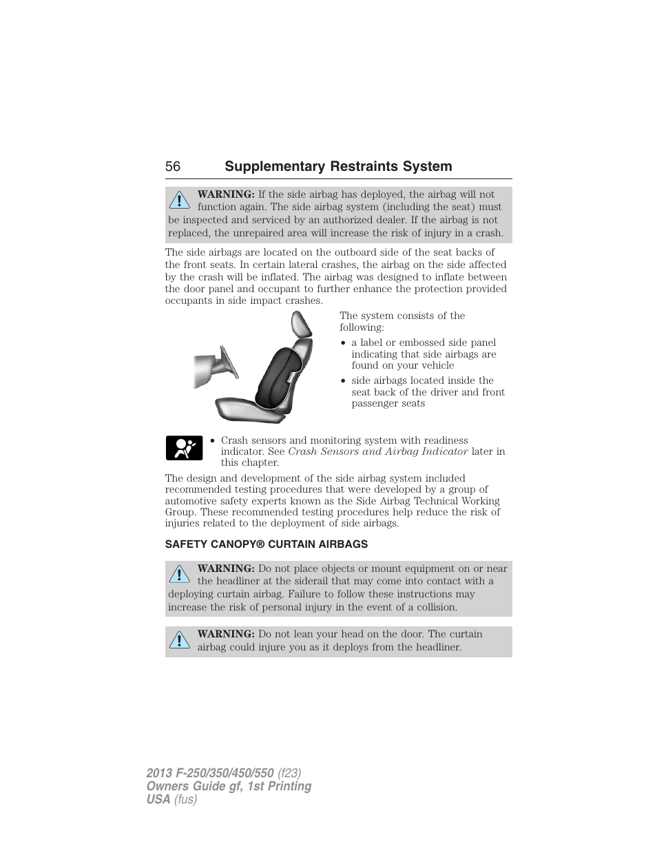 Safety canopy® curtain airbags, Safety canopy curtain airbags, 56 supplementary restraints system | FORD 2013 F-550 v.1 User Manual | Page 57 / 563