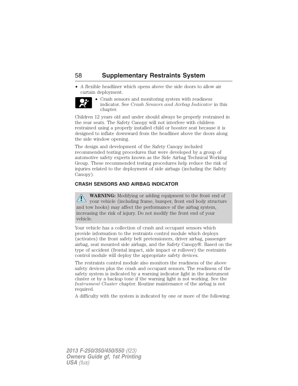 Crash sensors and airbag indicator, 58 supplementary restraints system | FORD 2013 F-550 v.1 User Manual | Page 59 / 563