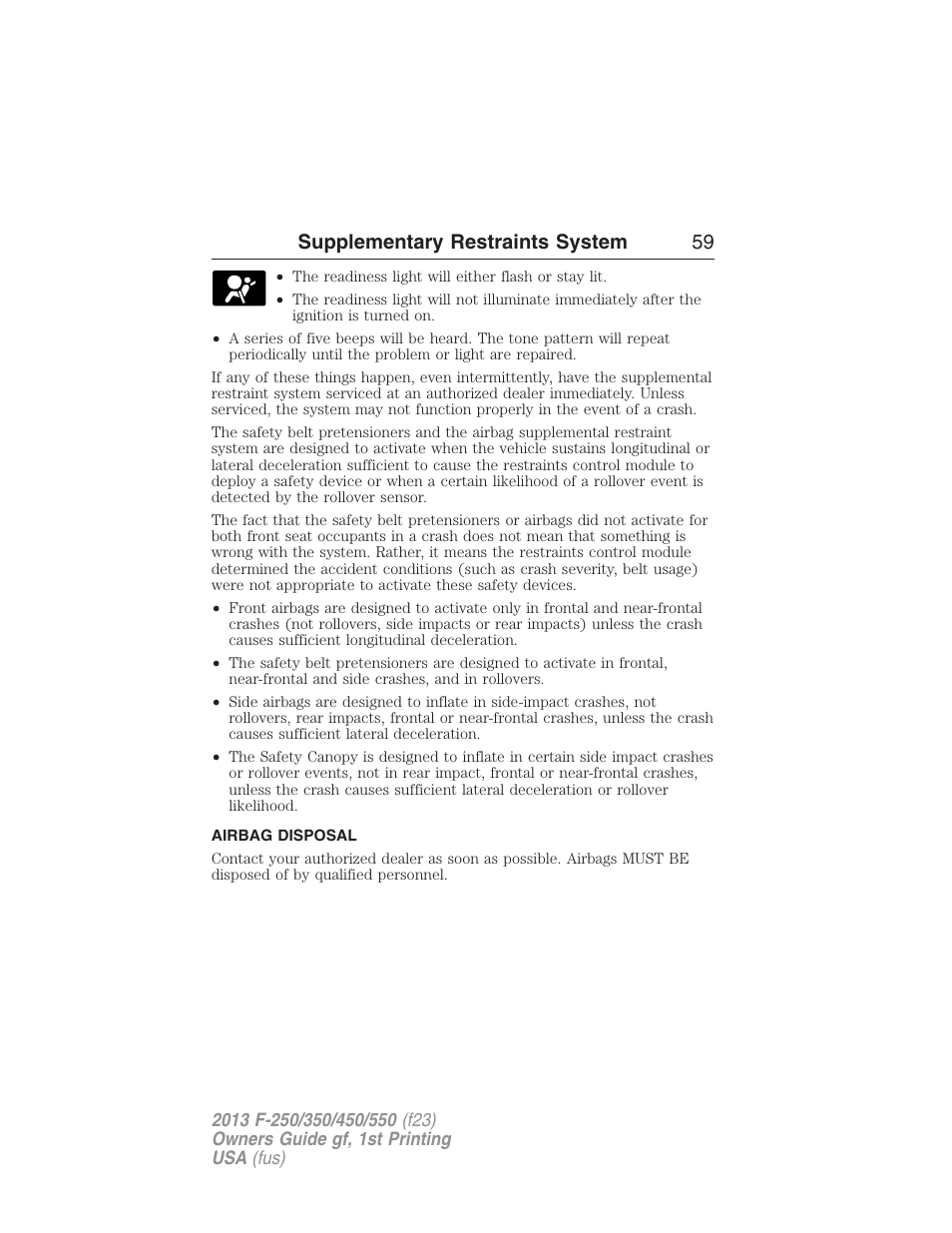 Airbag disposal, Supplementary restraints system 59 | FORD 2013 F-550 v.1 User Manual | Page 60 / 563