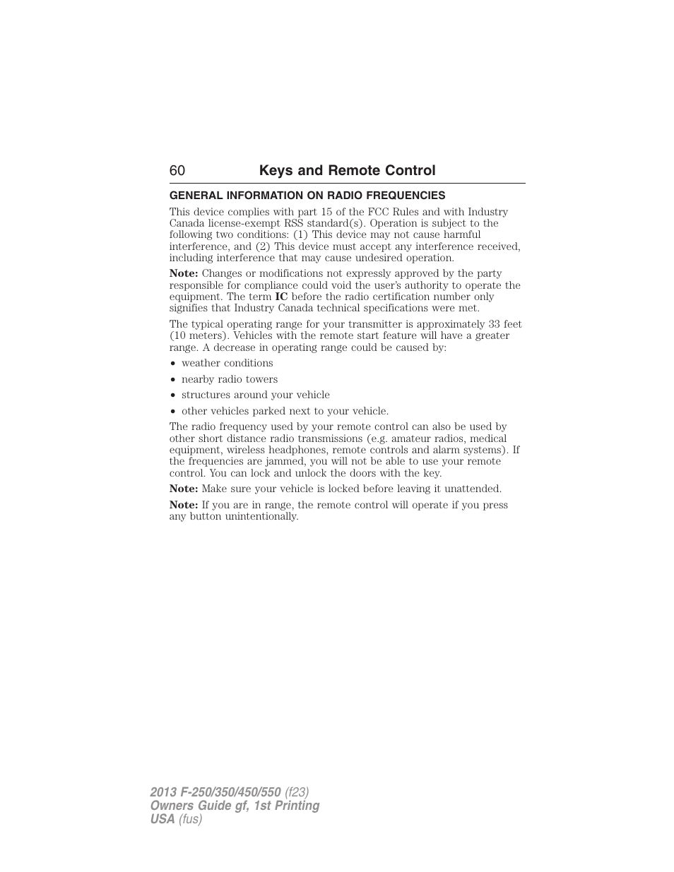 Keys and remote control, General information on radio frequencies, 60 keys and remote control | FORD 2013 F-550 v.1 User Manual | Page 61 / 563