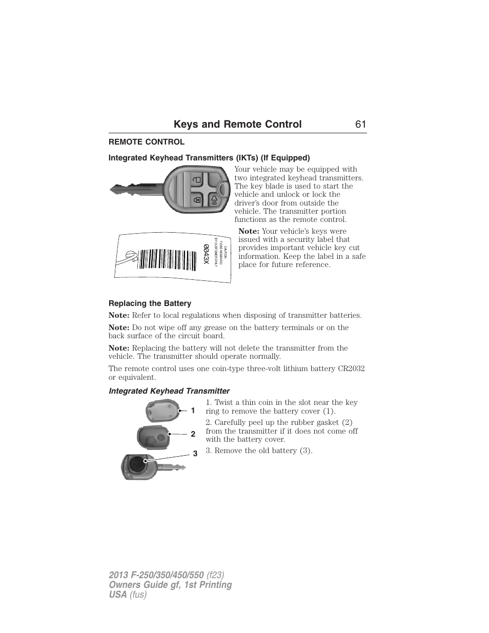 Remote control, Replacing the battery, Integrated keyhead transmitter | Keys, Keys and remote control 61 | FORD 2013 F-550 v.1 User Manual | Page 62 / 563