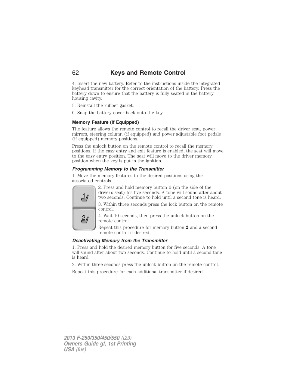 Memory feature (if equipped), Programming memory to the transmitter, Deactivating memory from the transmitter | 21 62 keys and remote control | FORD 2013 F-550 v.1 User Manual | Page 63 / 563