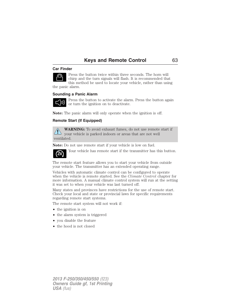 Car finder, Sounding a panic alarm, Remote start (if equipped) | Keys and remote control 63 | FORD 2013 F-550 v.1 User Manual | Page 64 / 563