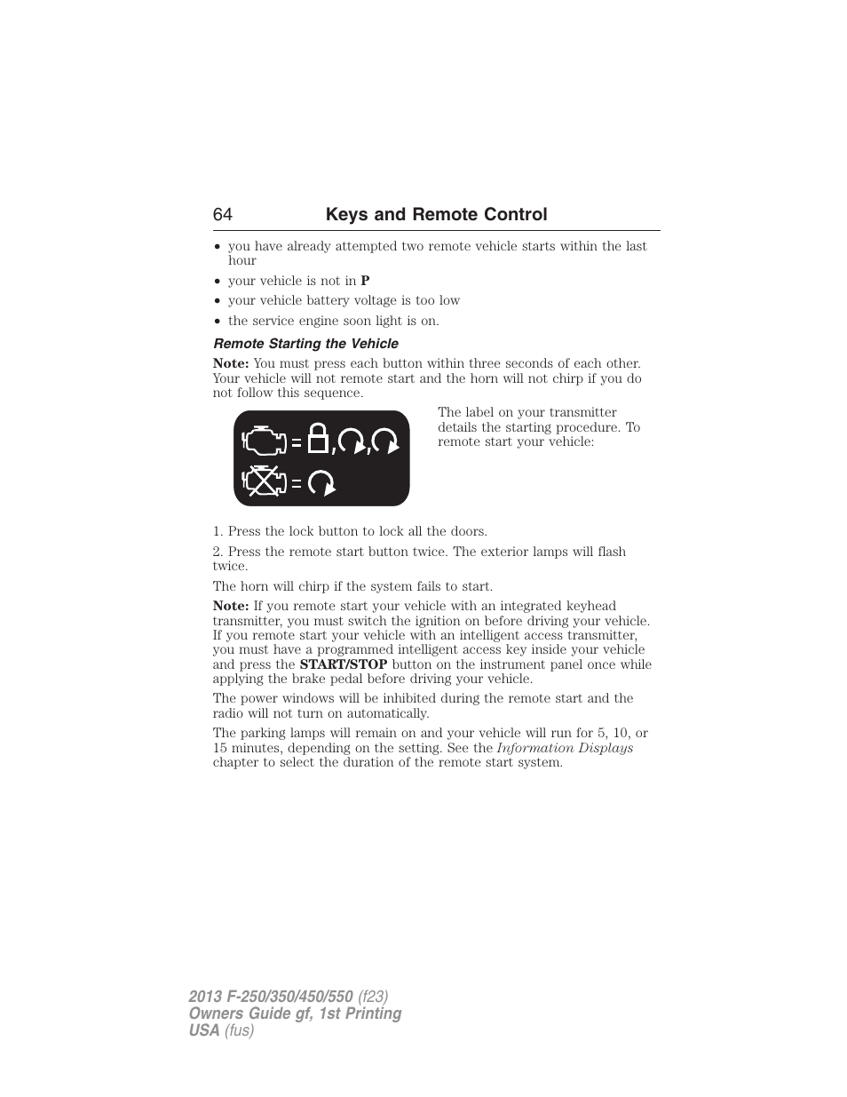 Remote starting the vehicle, 64 keys and remote control | FORD 2013 F-550 v.1 User Manual | Page 65 / 563