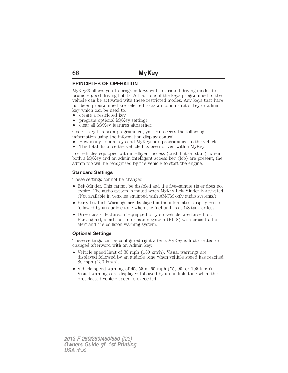 Mykey, Principles of operation, Standard settings | Optional settings, Settings, mykey, 66 mykey | FORD 2013 F-550 v.1 User Manual | Page 67 / 563