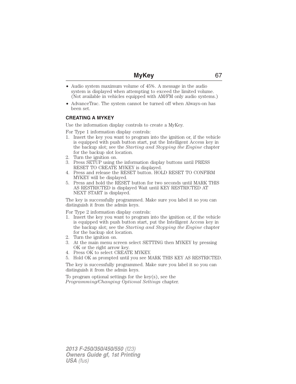 Creating a mykey, Creating, Mykey 67 | FORD 2013 F-550 v.1 User Manual | Page 68 / 563