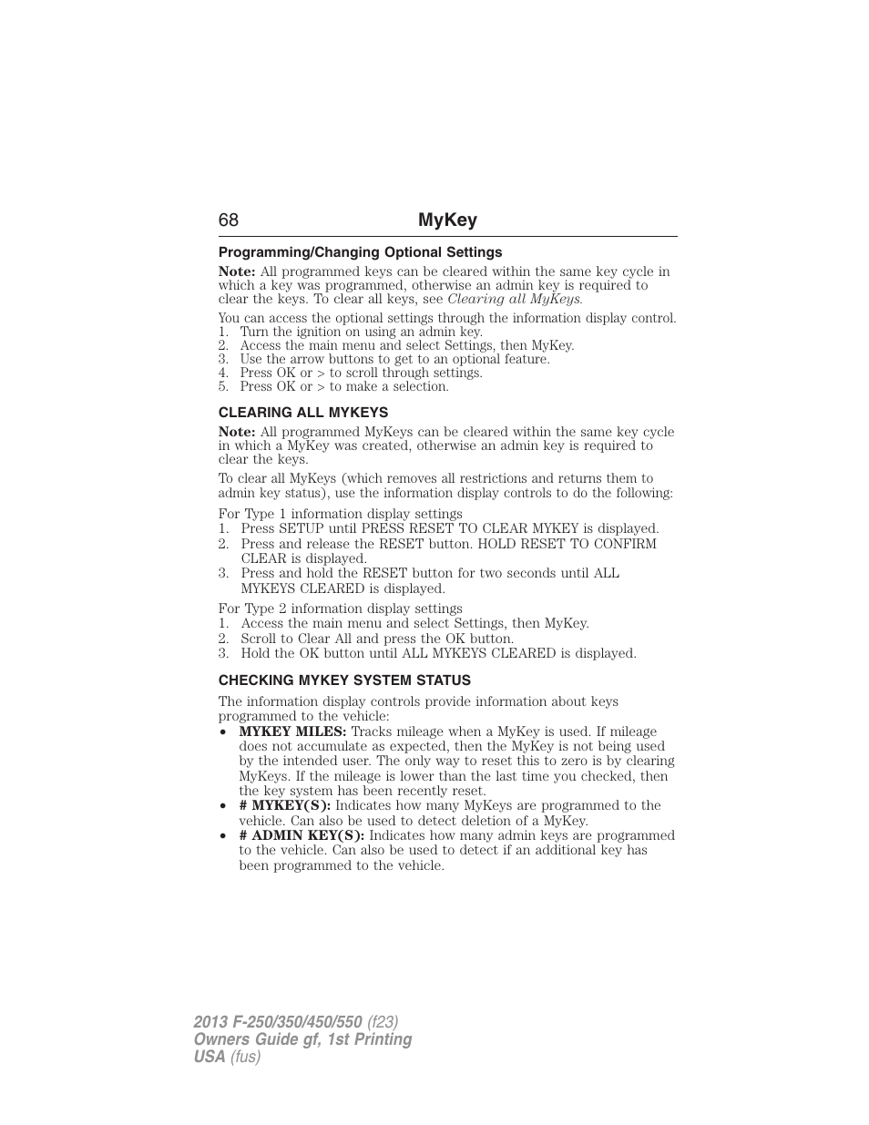 Programming/changing optional settings, Clearing all mykeys, Checking mykey system status | Clearing, System status, 68 mykey | FORD 2013 F-550 v.1 User Manual | Page 69 / 563