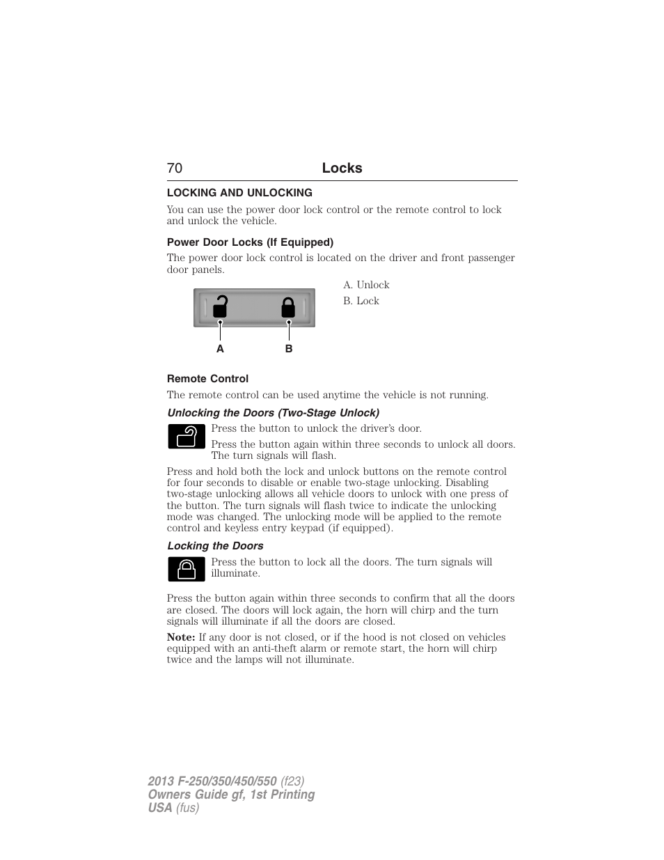 Locks, Locking and unlocking, Power door locks (if equipped) | Remote control, Unlocking the doors (two-stage unlock), Locking the doors, 70 locks | FORD 2013 F-550 v.1 User Manual | Page 71 / 563