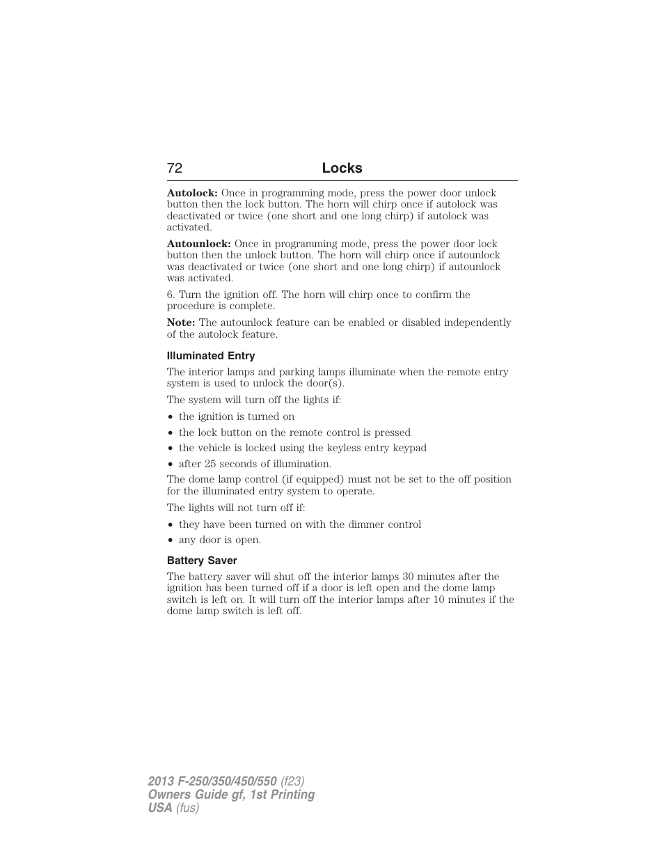 Illuminated entry, Battery saver, 72 locks | FORD 2013 F-550 v.1 User Manual | Page 73 / 563