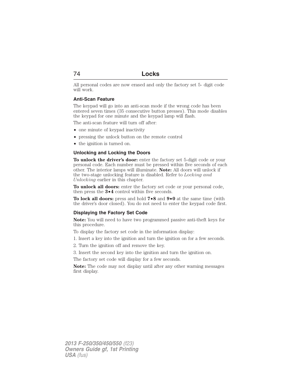 Anti-scan feature, Unlocking and locking the doors, Displaying the factory set code | 74 locks | FORD 2013 F-550 v.1 User Manual | Page 75 / 563