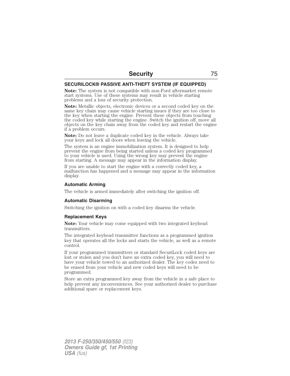 Security, Automatic arming, Automatic disarming | Replacement keys, Securilock® passive anti-theft system, Security 75 | FORD 2013 F-550 v.1 User Manual | Page 76 / 563