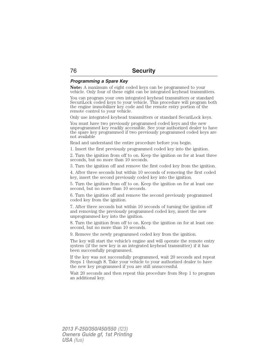 Programming a spare key, 76 security | FORD 2013 F-550 v.1 User Manual | Page 77 / 563