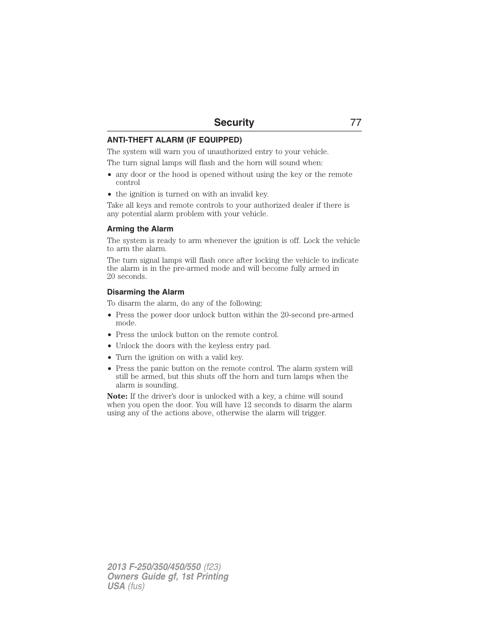 Anti-theft alarm (if equipped), Arming the alarm, Disarming the alarm | Anti-theft alarm, Security 77 | FORD 2013 F-550 v.1 User Manual | Page 78 / 563