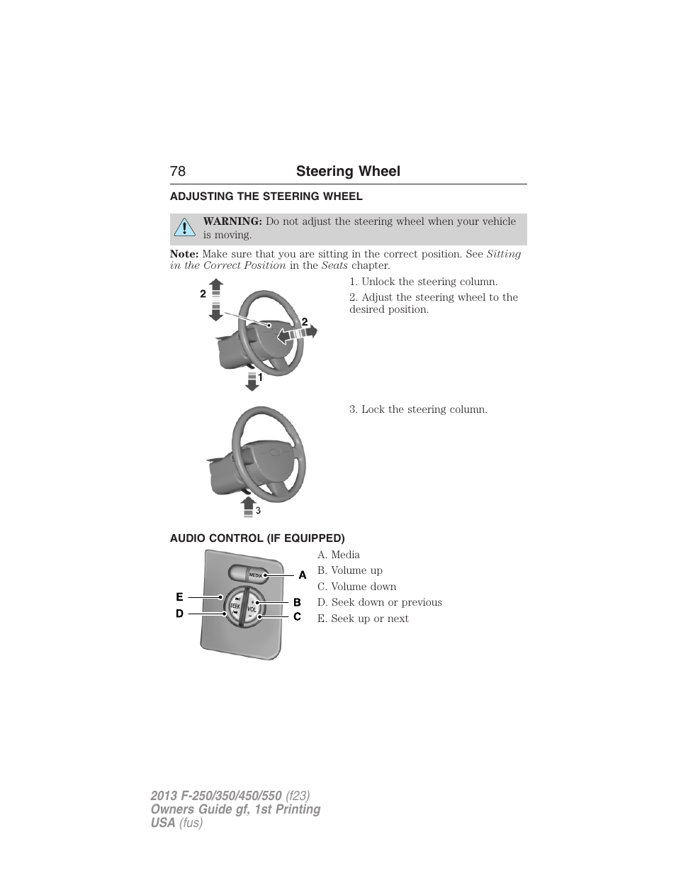 Steering wheel, Adjusting the steering wheel, Audio control (if equipped) | Steering wheel controls, 78 steering wheel | FORD 2013 F-550 v.1 User Manual | Page 79 / 563