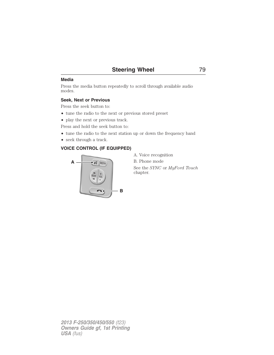 Media, Seek, next or previous, Voice control (if equipped) | Steering wheel 79 | FORD 2013 F-550 v.1 User Manual | Page 80 / 563