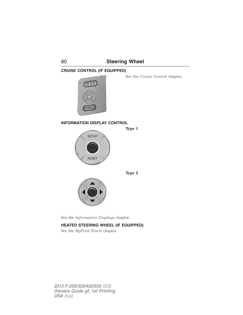 Cruise control (if equipped), Information display control, Heated steering wheel (if equipped) | 80 steering wheel | FORD 2013 F-550 v.1 User Manual | Page 81 / 563