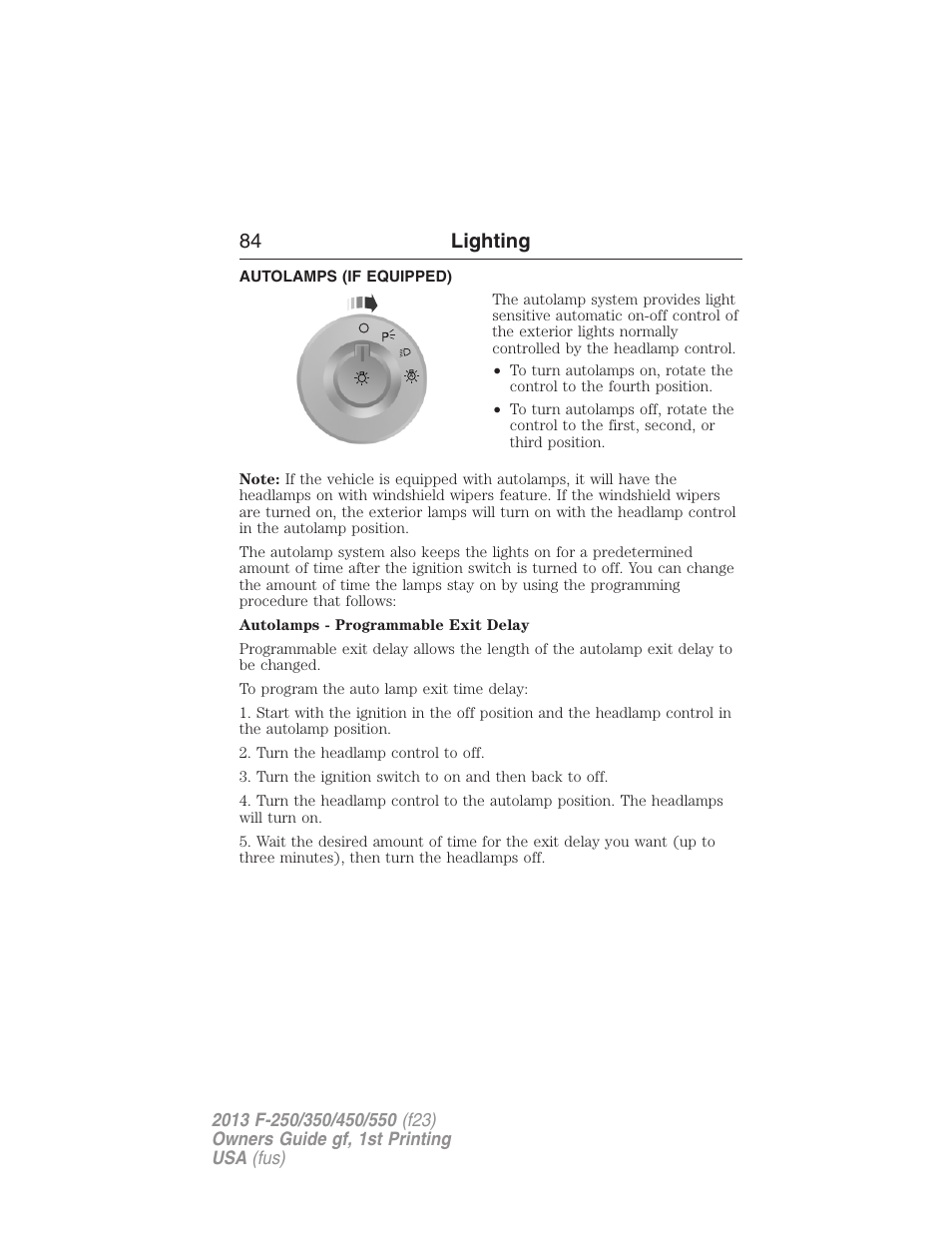 Autolamps (if equipped), Autolamps, 84 lighting | FORD 2013 F-550 v.1 User Manual | Page 85 / 563