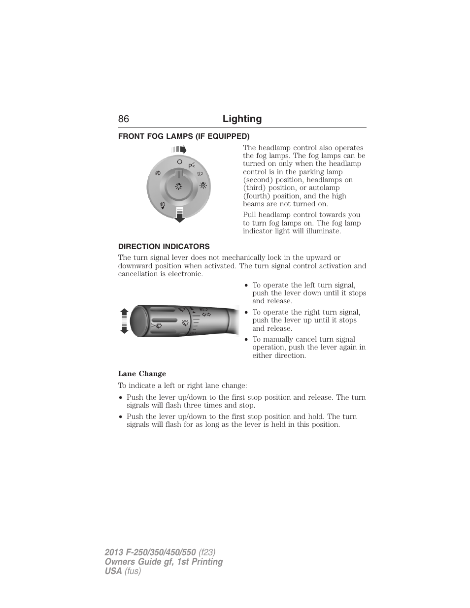 Front fog lamps (if equipped), Direction indicators, Front fog lamps | 86 lighting | FORD 2013 F-550 v.1 User Manual | Page 87 / 563