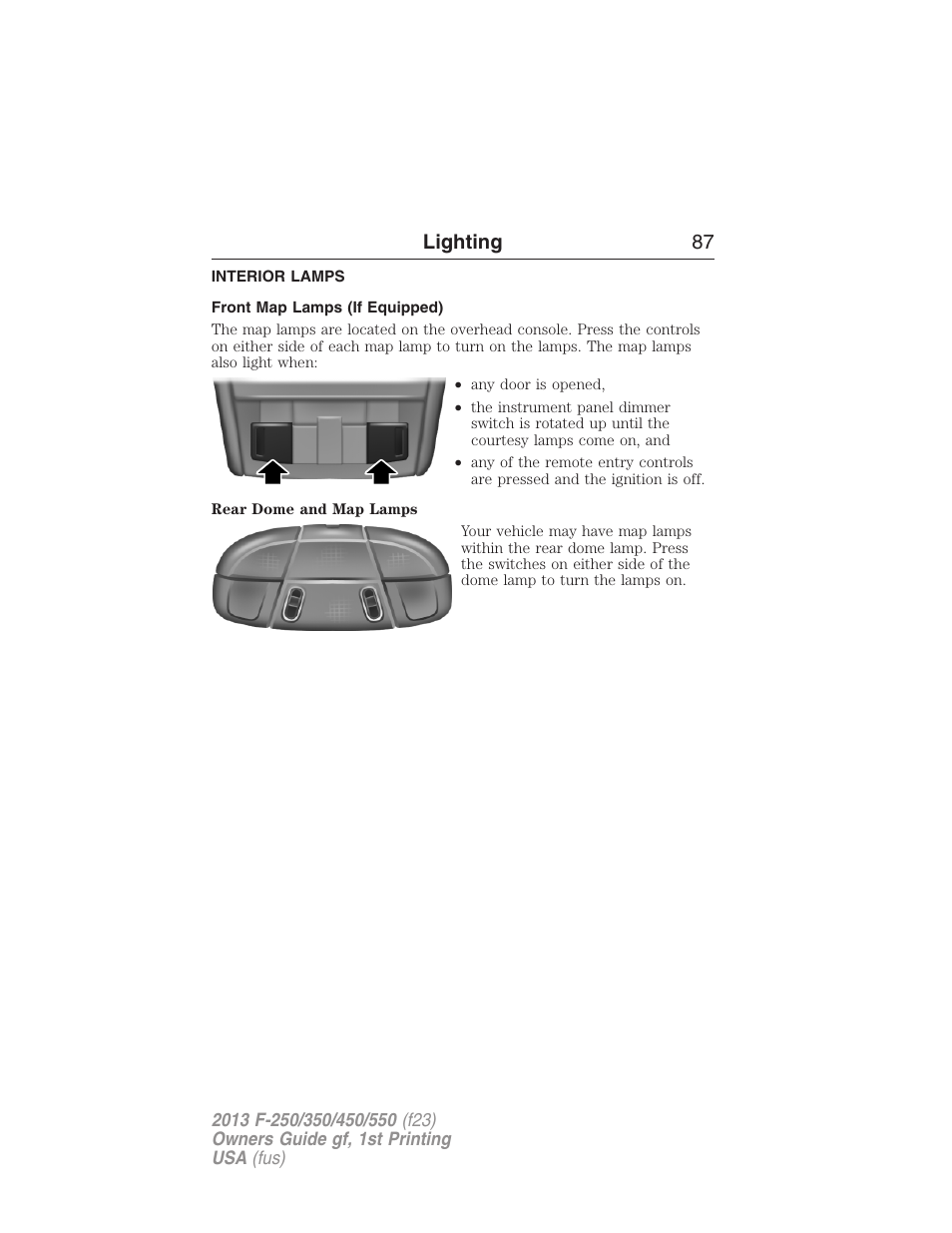 Interior lamps, Front map lamps (if equipped), Lighting 87 | FORD 2013 F-550 v.1 User Manual | Page 88 / 563