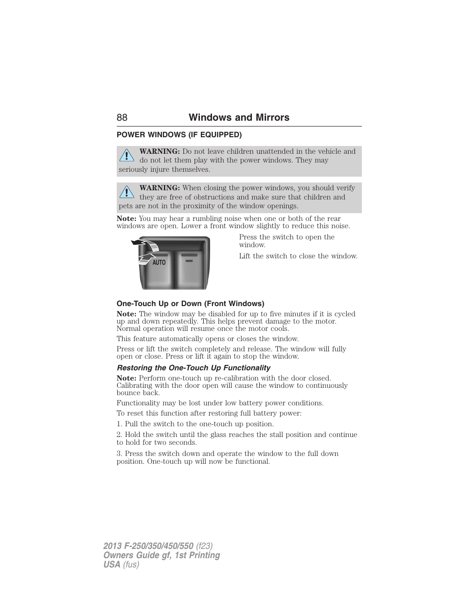 Windows and mirrors, Power windows (if equipped), One-touch up or down (front windows) | Restoring the one-touch up functionality, Power windows, 88 windows and mirrors | FORD 2013 F-550 v.1 User Manual | Page 89 / 563