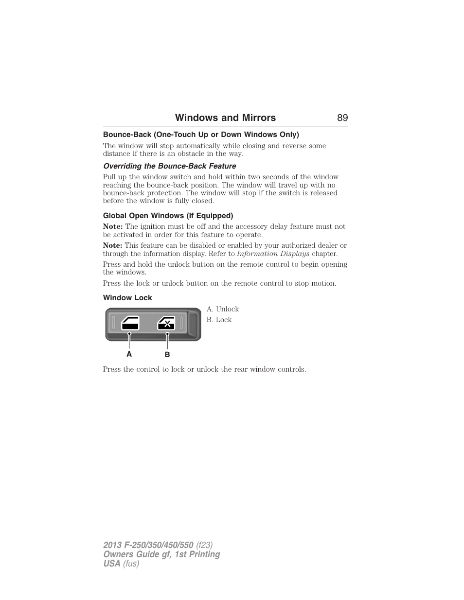 Bounce-back (one-touch up or down windows only), Overriding the bounce-back feature, Global open windows (if equipped) | Window lock, Windows and mirrors 89 | FORD 2013 F-550 v.1 User Manual | Page 90 / 563