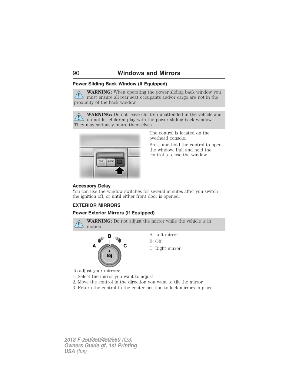 Power sliding back window (if equipped), Accessory delay, Exterior mirrors | Power exterior mirrors (if equipped), 90 windows and mirrors | FORD 2013 F-550 v.1 User Manual | Page 91 / 563